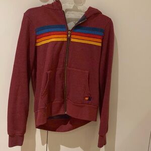 5 STRIPE RELAXED ZIP HOODIE - RED // NEON RAINBOW